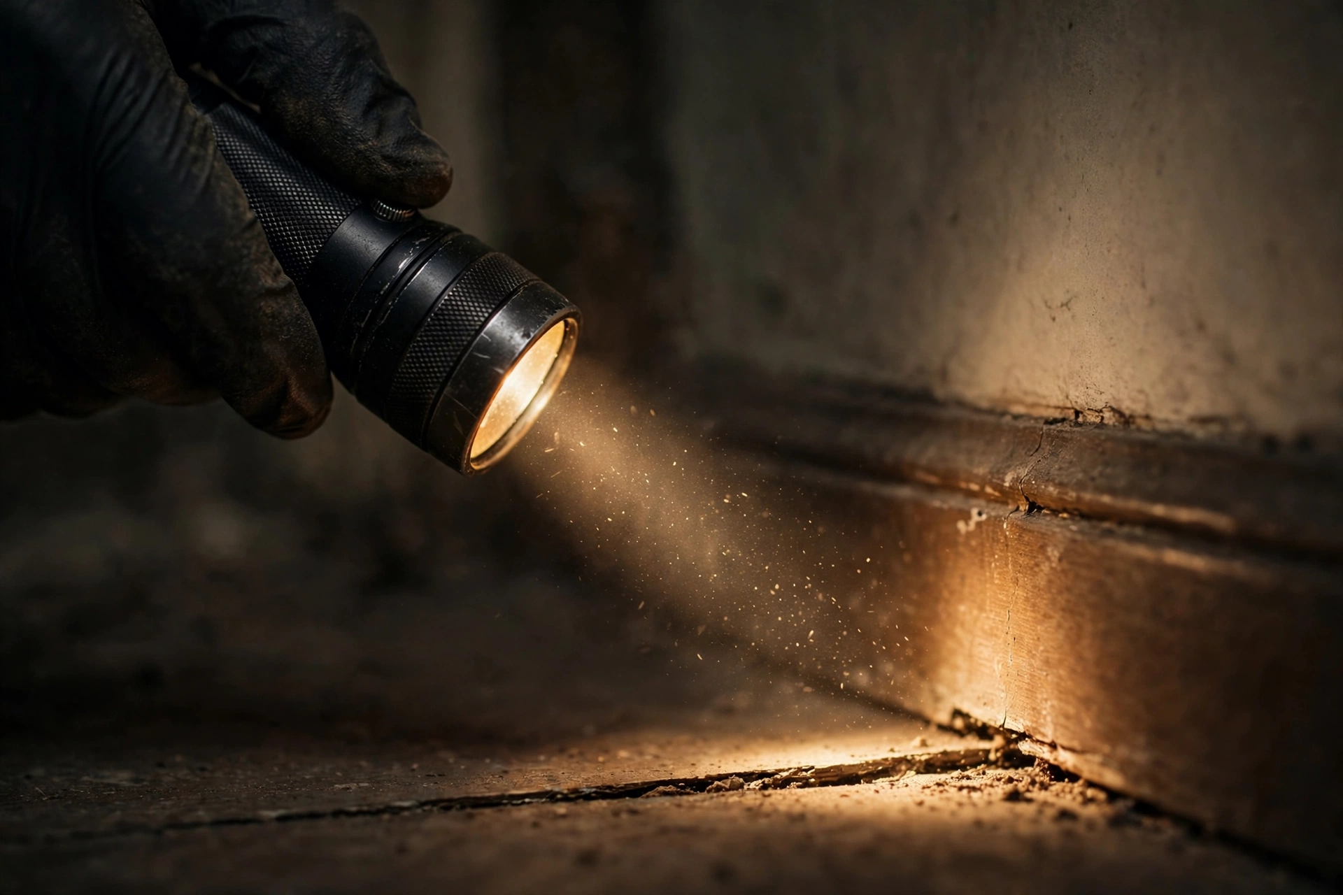 Close inspection of a baseboard crack during an Academy service visit