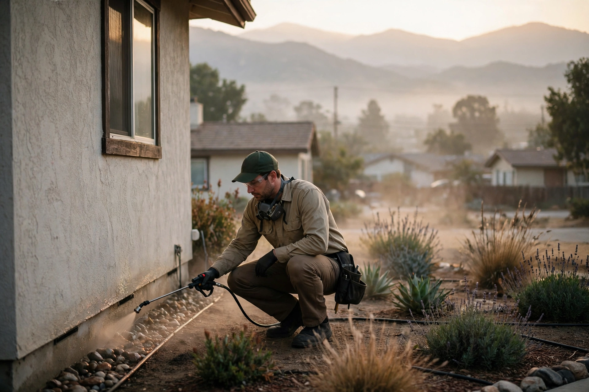 Academy technician treating the foundation of a Rancho Cucamonga home at dawn
