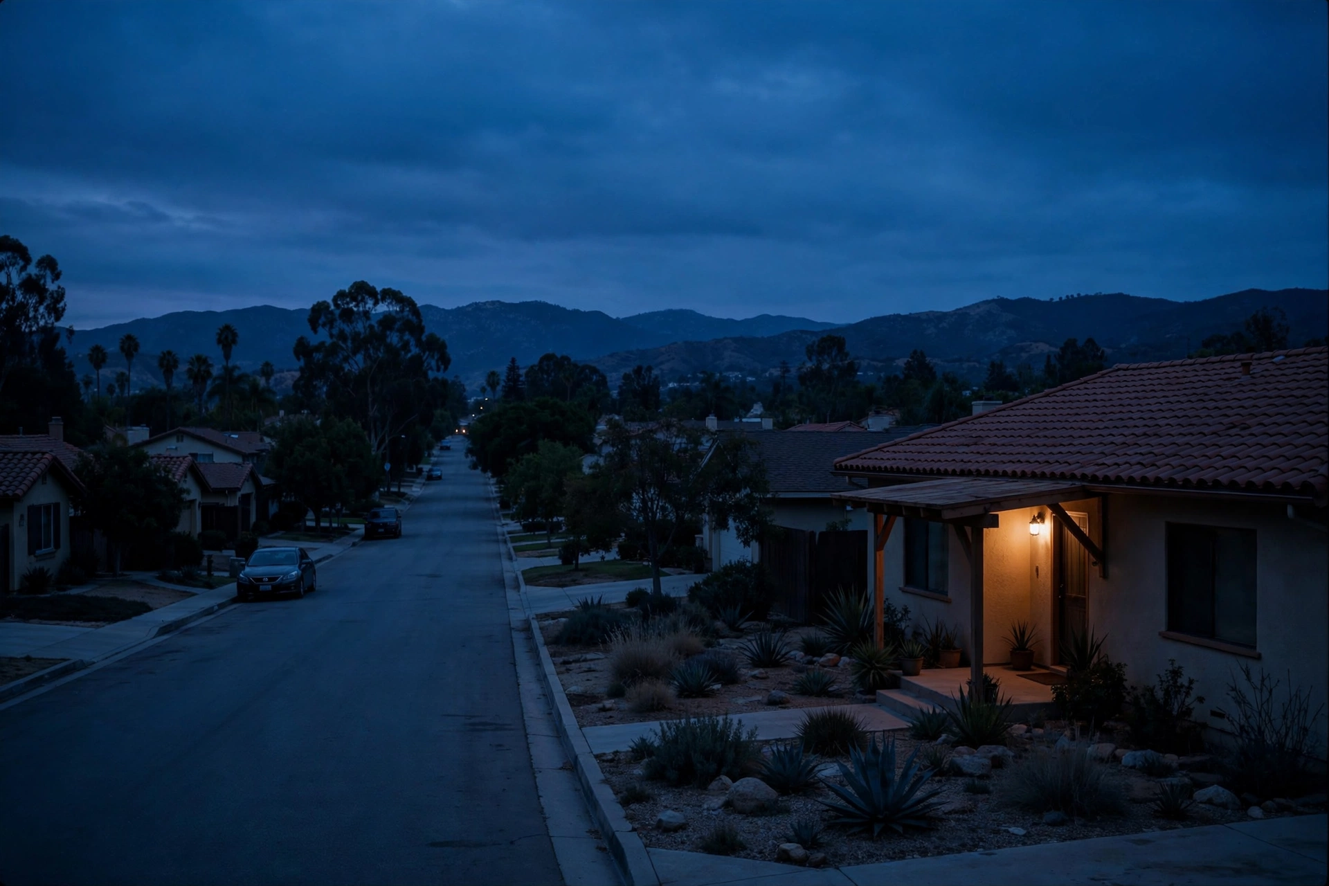 Quiet Rancho Cucamonga street at dusk with the foothills on the horizon